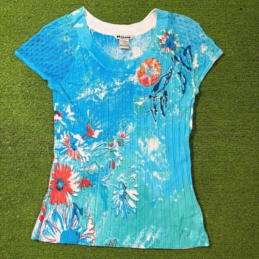 Vintage Y2K Nygard Floral Open Knit Sleeve‎ Beaded Ribbed Top Size M